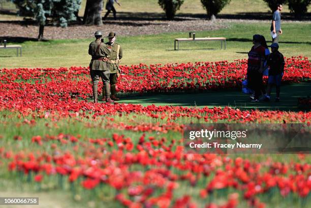 Soldiers stand amoungst a field of fabric poppies ahead of the Remembrance Day Service at the Australian War Memorial on November 11, 2018 in...