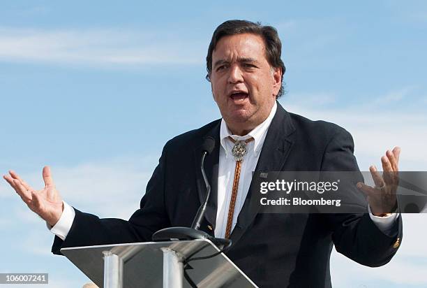 New Mexico Governor Bill Richardson speaks at an event commemorating the completion of the Virgin Galactic Spaceport America runway in Upham, New...