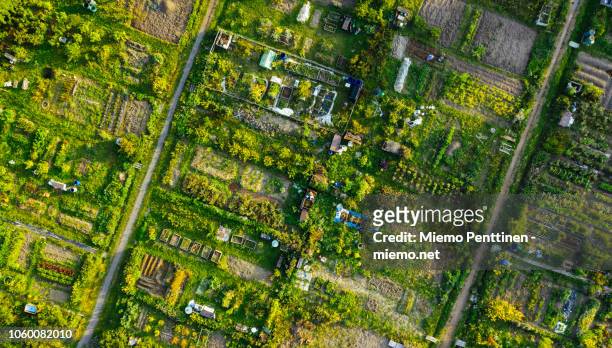 aerial view of a community garden in helsinki - garden aerial view stock pictures, royalty-free photos & images