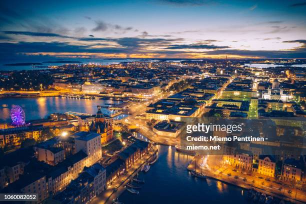 aerial view of the old town of helsinki by night - helsinki urban stock-fotos und bilder