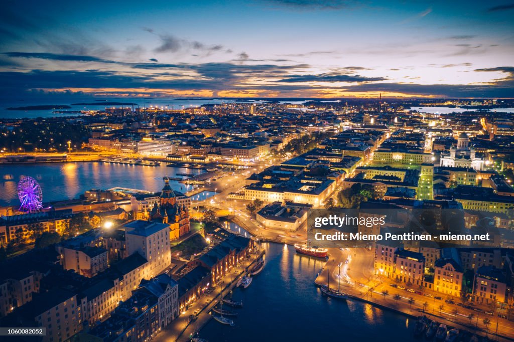 Aerial view of the old town of Helsinki by night