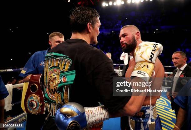 Oleksandr Usyk of Ukraine and Tony Bellew of England embrace after the WBC, WBA, WBO, IBF & Ring Magazine World Cruiserweight Title Fight between...