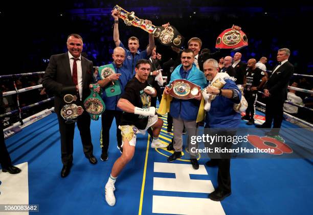 Oleksandr Usyk of Ukraine and his team celebrate victory over Tony Bellew of England after the WBC, WBA, WBO, IBF & Ring Magazine World Cruiserweight...