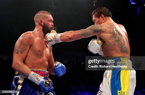 Oleksandr Usyk of Ukraine punches Tony Bellew of England during the WBC, WBA, WBO, IBF & Ring Magazine World Cruiserweight Title Fight between...