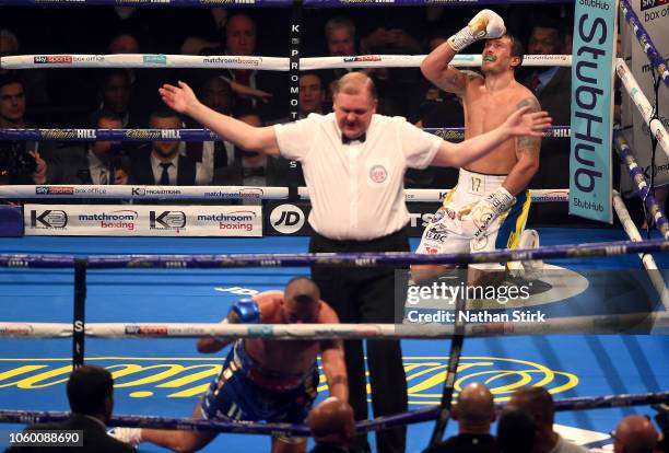Oleksandr Usyk of Ukraine celebrates after knocking out Tony Bellew of England during the WBC, WBA, WBO, IBF & Ring Magazine World Cruiserweight...