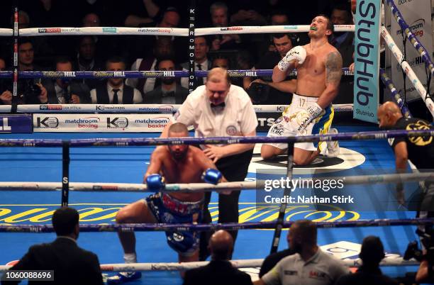 Oleksandr Usyk of Ukraine celebrates after knocking out Tony Bellew of England during the WBC, WBA, WBO, IBF & Ring Magazine World Cruiserweight...