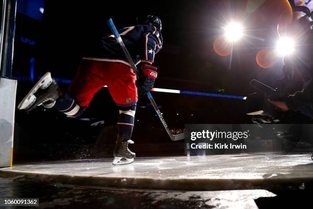 Brandon Dubinsky of the Columbus Blue Jackets skates onto the ice prior to the start of the game against the New York Rangers on November 10, 2018 at...