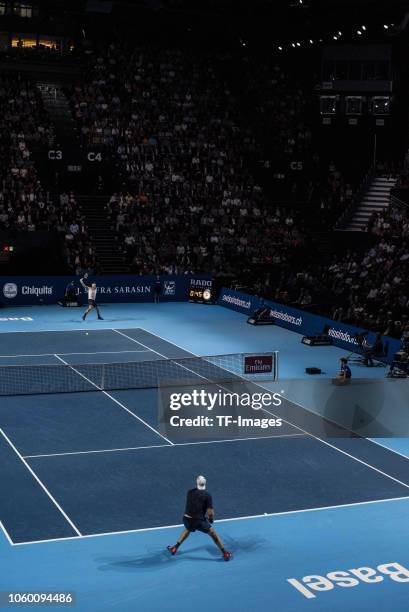 Roger Federer of Switzerland and Jan Lenard Struff of Germany in action during the Swiss Indoors Basel tennis match between Roger Federer and...