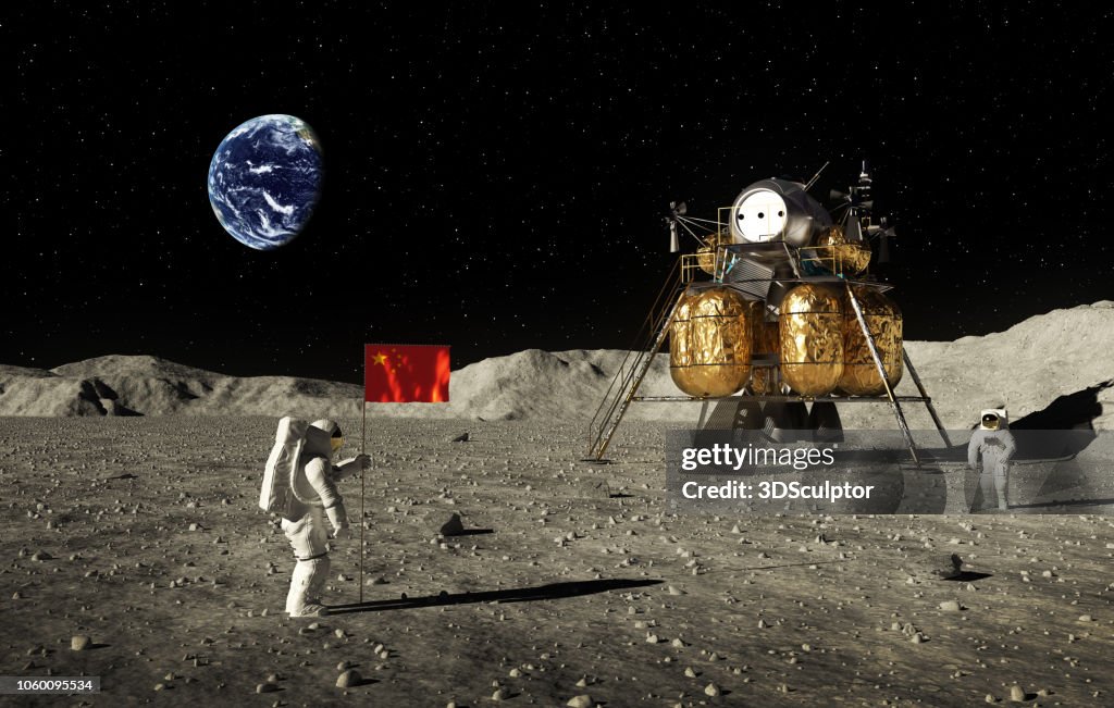 Astronauts Set An Chinese Flag On The Moon