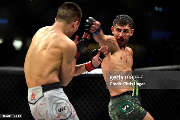 Yair Rodriguez of Mexico throws a spinning back fist against Chan Sung Jung of South Korea in their featherweight bout during the UFC Fight Night...