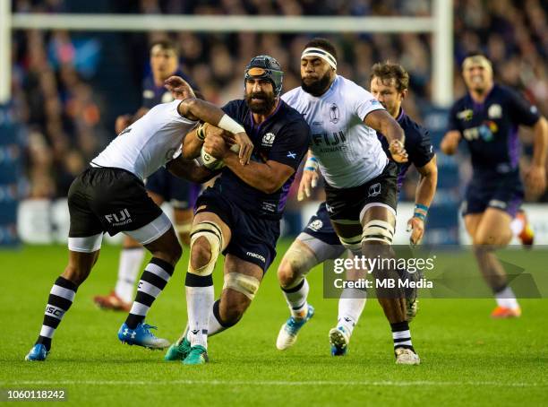 Scotland Back Row, Josh Strauss, attempts to break through the Fijian defence during the International Friendly match between Scotland and Fiji on...