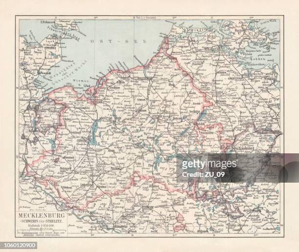 topographic map of mecklenburg, germany, lithograph, published in 1897 - rostock stock illustrations