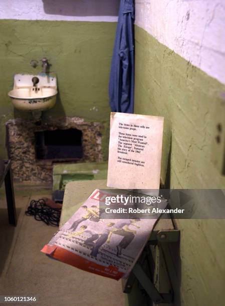 Cell at the former Alcatraz Federal Penitentiary on Alcatraz Island in San Francisco Bay contains props used in a television program examining the...