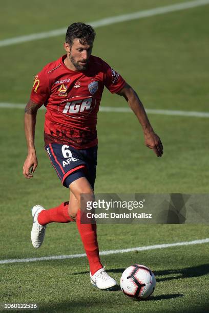 Vince Lia of United controls the ball during the round four A-League match between Adelaide United and the Perth Glory at Coopers Stadium on November...