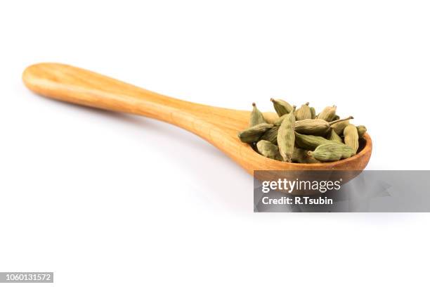 cardamom in wooden spoon isolated on a white background - cardamom - fotografias e filmes do acervo