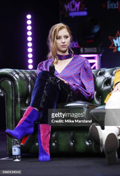 Hermione Corfield attends the 'Slaughterhouse Rulez' panel taking place during MCM London Comic Con at ExCel on October 27, 2018 in London, England.