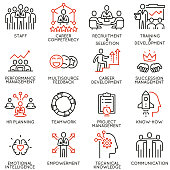 Vector set of linear icons related to human resource management, career competency and leadership. Mono line pictograms and infographics design elements - part 4