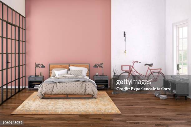 interno moderno della camera da letto con parete bianca per lo spazio di copia - rosa colore foto e immagini stock