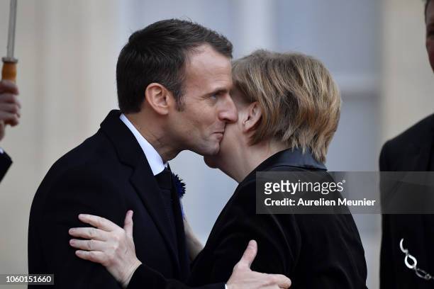 French President Emmanuel Macron welcomes Angela Merkel, Chancellor of Germany for the commemoration of the 100th anniversary of the end of WWI at...