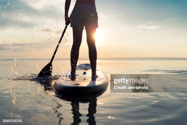 sommer sonnenuntergang see paddling detail - paddleboard stock-fotos und bilder