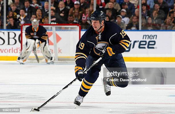 Tim Connolly of the Buffalo Sabres carries the puck against the Ottawa Senators during their NHL game at HSBC Arena October 22, 2010 in Buffalo, New...
