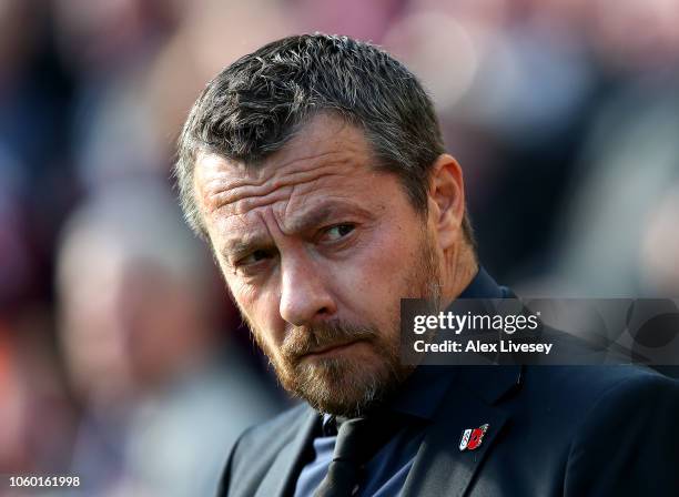 Slavisa Jokanovic, Manager of Fulham looks on prior to the Premier League match between Liverpool FC and Fulham FC at Anfield on November 11, 2018 in...