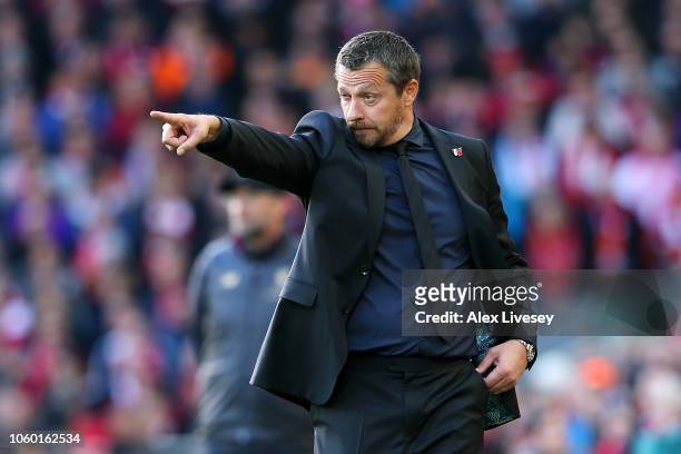 Slavisa Jokanovic, Manager of Fulham gives his team instructions during the Premier League match between Liverpool FC and Fulham FC at Anfield on...