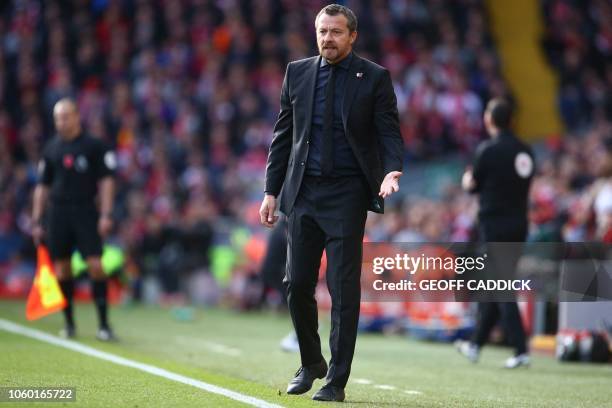 Fulham's Serbian manager Slavisa Jokanovic gestures on the touchline during the English Premier League football match between Liverpool and Fulham at...