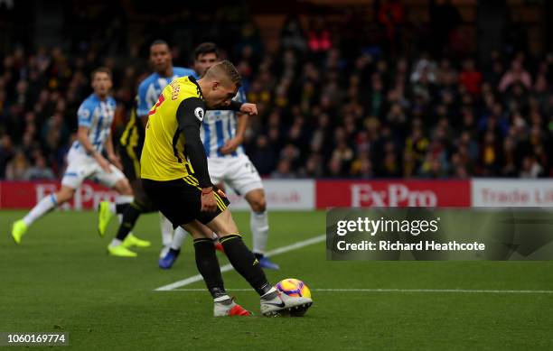 Gerard Deulofeu of Watford scores his team's second goal during the Premier League match between Watford FC and Huddersfield Town at Vicarage Road on...