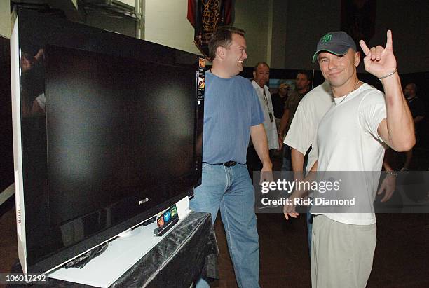 Trey Feazell <ETH> Senior Vice President Philips Arena and Kenny Chesney check out The Philips 42O Ambilight LCD TV presented to Kenny Chesney