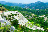 Landscape of Hierve el Agua, Oaxaca, Mexico. Panoramic view of the mountains from the hot springs of Hierve El Agua.
