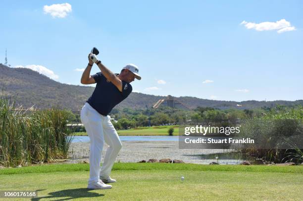 Lee Westwood of England plays his tee shot on the 17th hole during the final round of the Nedbank Golf Challenge at Gary Player CC on November 11,...