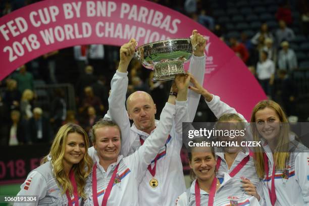 Members of Czech Fed Cup team, Lucie Safarova, Barbora Krejcikova, Captain Petr Pala, Katerina Siniakova, Barbora Strycova and Petra Kvitova...