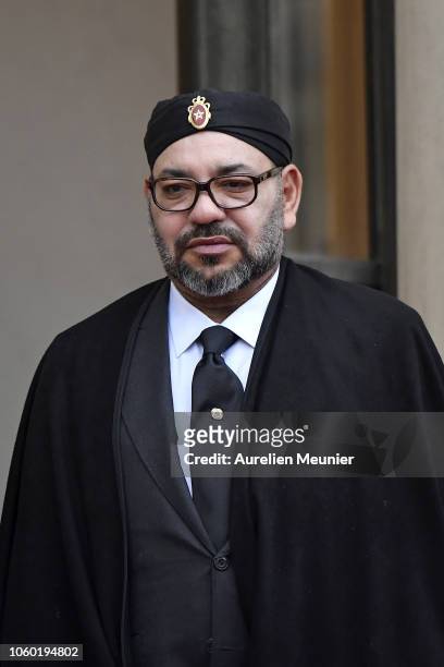 Mohammed VI is the King of Morocco arrives for the commemoration of the 100th anniversary of the end of WWI at Elysee Palace on November 11, 2018 in...