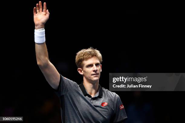 Kevin Anderson of South Africa celebrates after match point after he wins his match against Dominic Thiem of Austria during Day One of the Nitto ATP...
