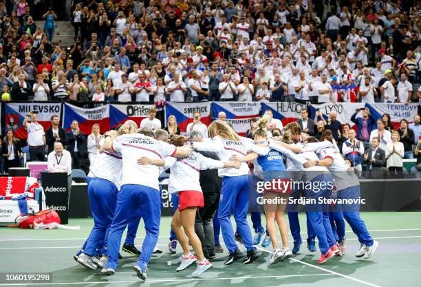 Fed Cup team of Czech Republic celebrate victory against USA after the Fed Cup Final between Czech Republic and USA, at O2 Arena on November 11, 2018...