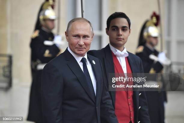 Vladimir Putin, President of Russia leaves the Elysee Palace after a lunch hosted by French President Emmanuel Macron for the commemoration of the...