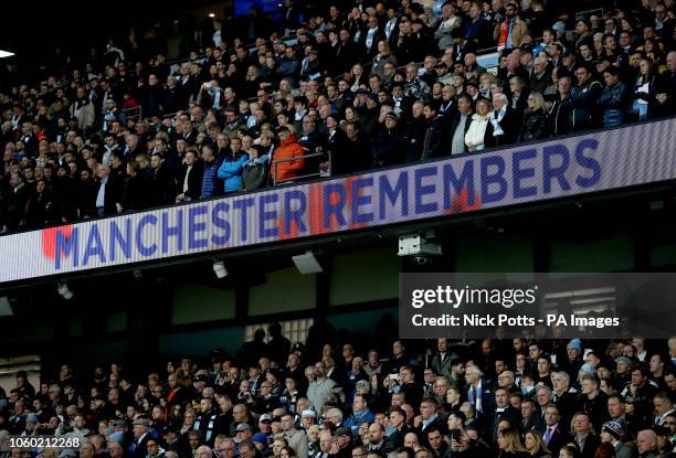 'Manchester Remembers' on the advertising boards during the Premier League match at the Etihad Stadium, Manchester.