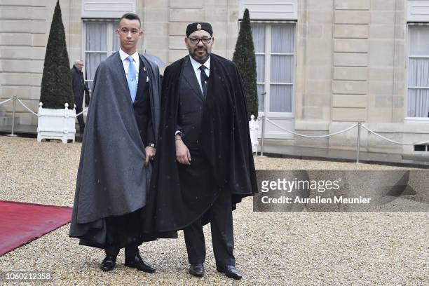 Mohammed VI is the King of Morocco and Moulay Hassan, Crown Prince of Morocco leave the Elysee Palace after a lunch hosted by French President...