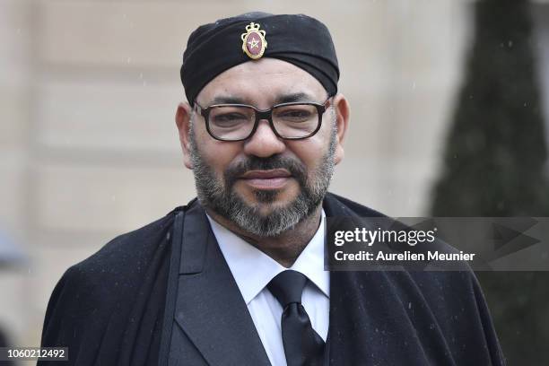 Mohammed VI, King of Morocco leaves the Elysee Palace after a lunch hosted by French President Emmanuel Macron for the commemoration of the 100th...