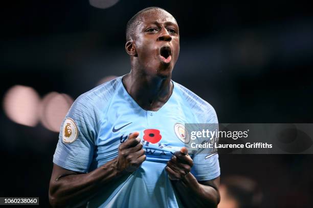 Benjamin Mendy of Manchester City celebrates victory after the Premier League match between Manchester City and Manchester United at Etihad Stadium...