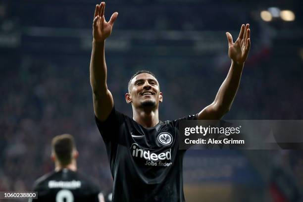 Sebastien Haller of Eintracht Frankfurt celebrates after scoring his team's third goal during the Bundesliga match between Eintracht Frankfurt and FC...