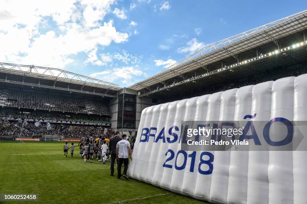 Players of Atletico MG enter into the field before the match between Atletico MG and Palmeiras as part of Brasileirao Series A 2018 at Independencia...