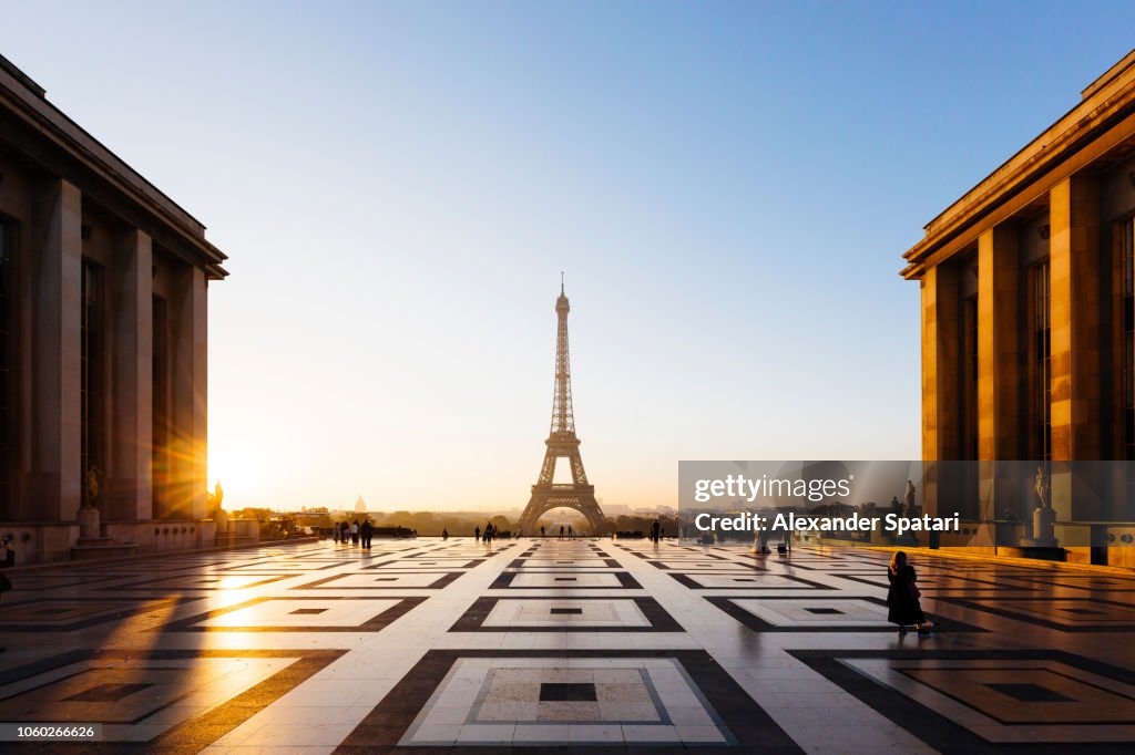 Eiffel Tower and Trocadero square during sunrise, Paris, France