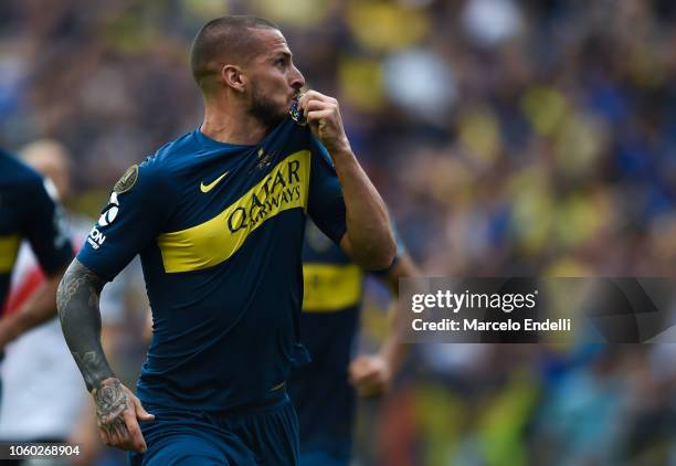 Dario Benedetto of Boca Juniors celebrates after scoring the second goal of his team during the first leg match between Boca Juniors and River Plate...