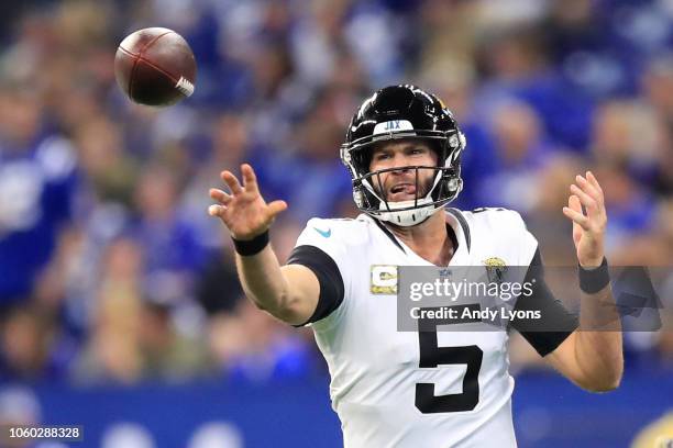 Blake Bortles of the Jacksonville Jaguars throws a pass in the game against the Indianapolis Colts in the third quarter at Lucas Oil Stadium on...