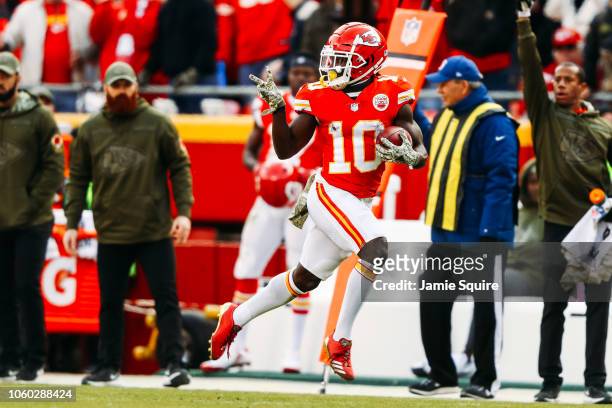 Tyreek Hill of the Kansas City Chiefs celebrates a punt return touchdown that would be called back due to penalty in the fourth quarter of the game...