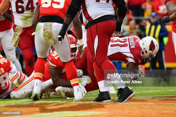 David Johnson of the Arizona Cardinals crosses the goal line for a touchdown during the second half of the game against the Kansas City Chiefs at...