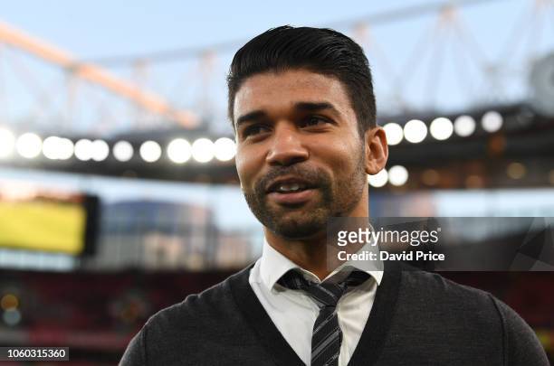 Former Arsenal player Eduardo is interviewed before the Premier League match between Arsenal FC and Wolverhampton Wanderers at Emirates Stadium on...