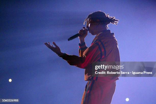 Italian rapper and musician Ghali Amdouni performs on stage at Unipol Arena on October 27, 2018 in Bologna, Italy.